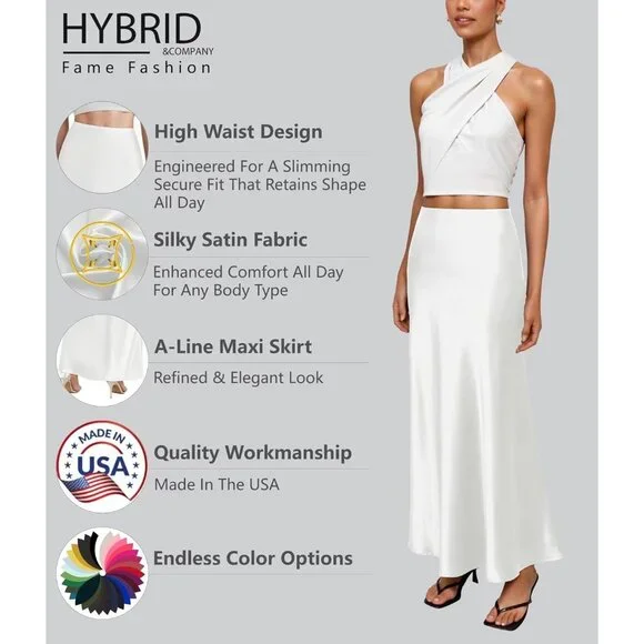 Women's White Silky Satin Fabric Stretch High Waist Casual Pull On Maxi Skirt